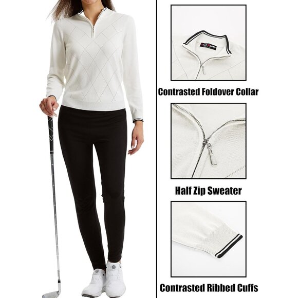 Sweaters for Women Long Sleeve Quarter Zipper Collar Polo Ribbed Knit Golf Tops - Picture 3 of 7